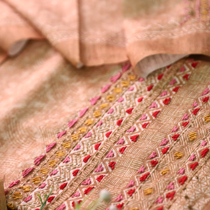 Iswah Peanut Beige Embroidered Hem Linen Suit Set