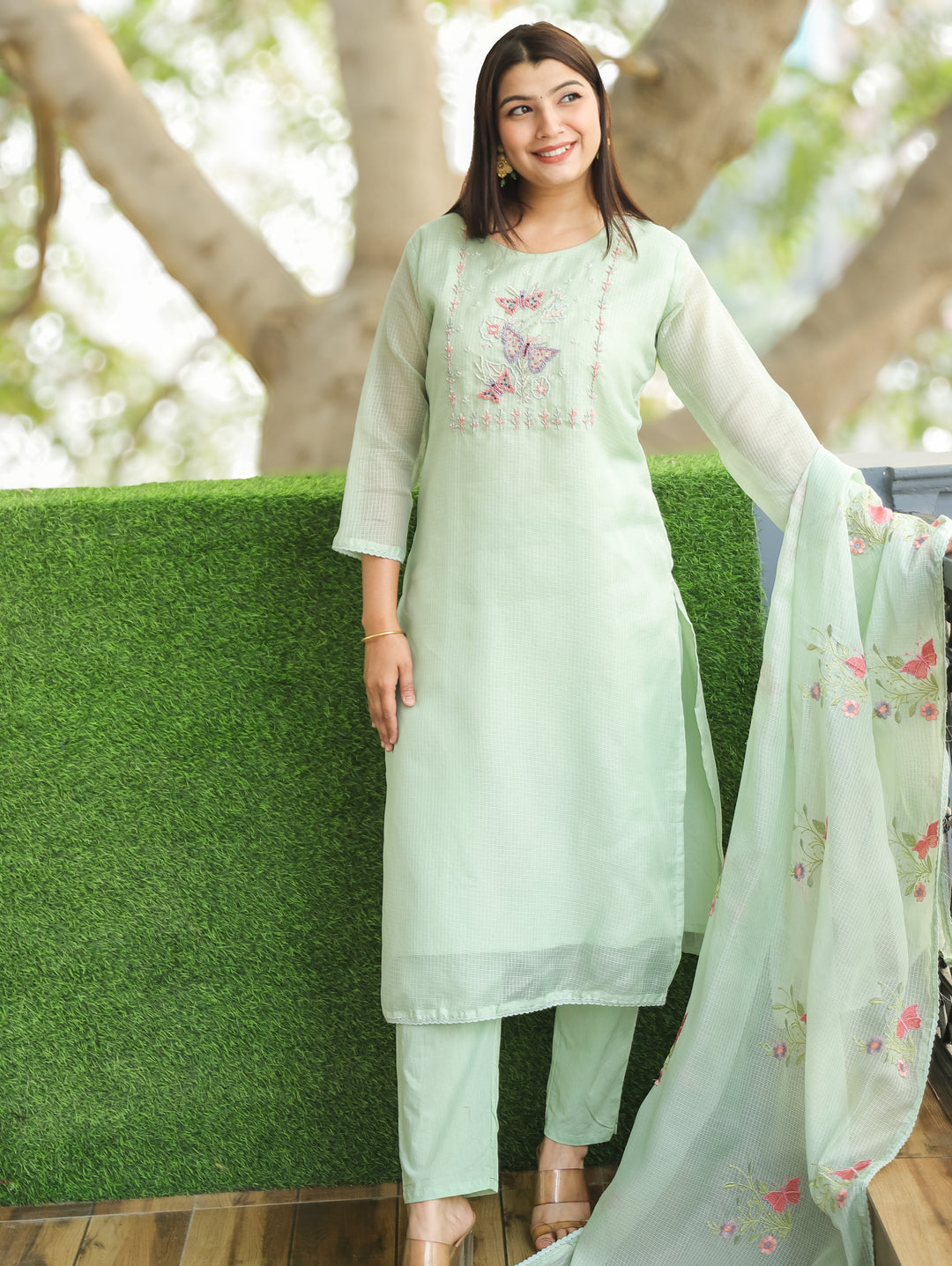 Barista Mint Green Bird Embroidered Neck Work Kota Doriya Suit Set