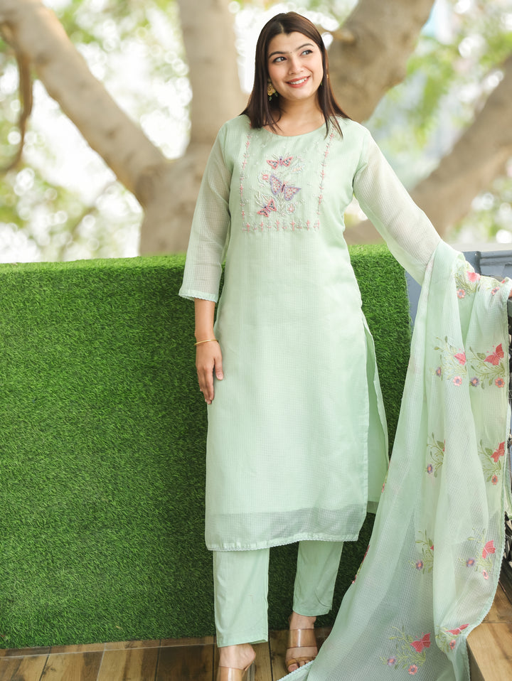 Barista Mint Green Bird Embroidered Neck Work Kota Doriya Suit Set