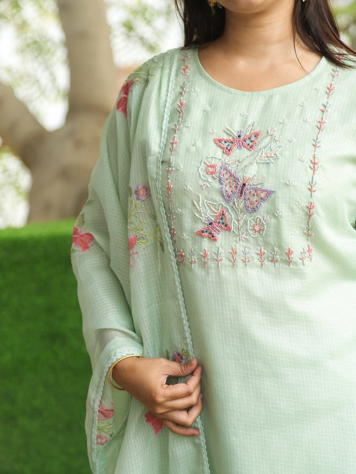 Barista Mint Green Bird Embroidered Neck Work Kota Doriya Suit Set