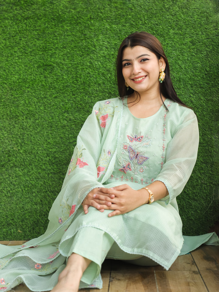 Barista Mint Green Bird Embroidered Neck Work Kota Doriya Suit Set