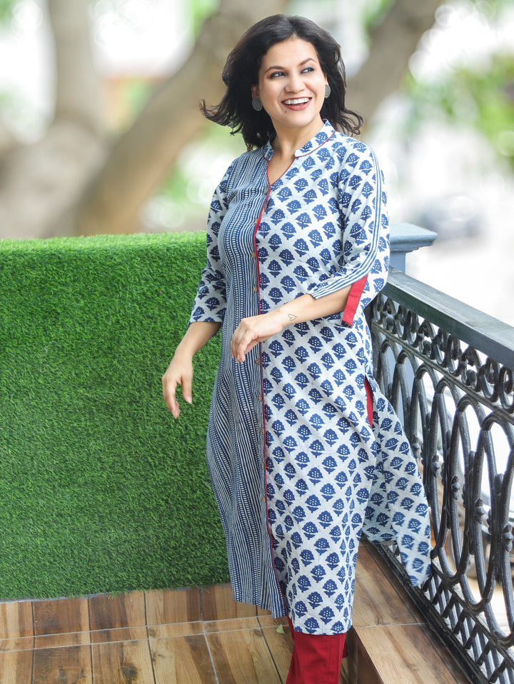 Manara Indie Blue Button Down Dabu Cotton Kurti