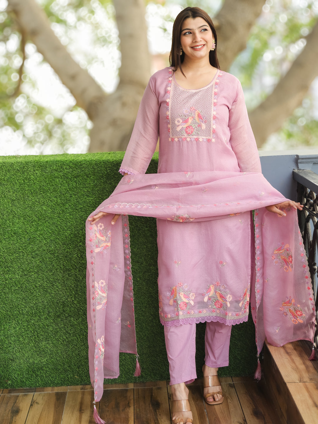 Barista Lavish Lilac Bird Embroidered Neck Work Kota Doriya Suit Set