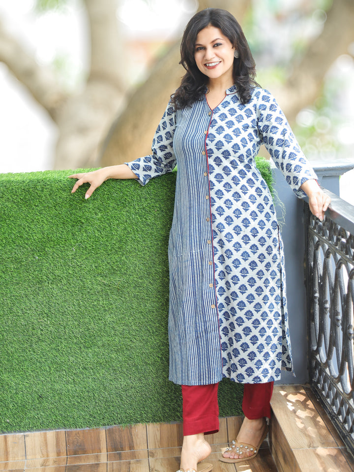 Manara Indie Blue Button Down Dabu Cotton Kurti