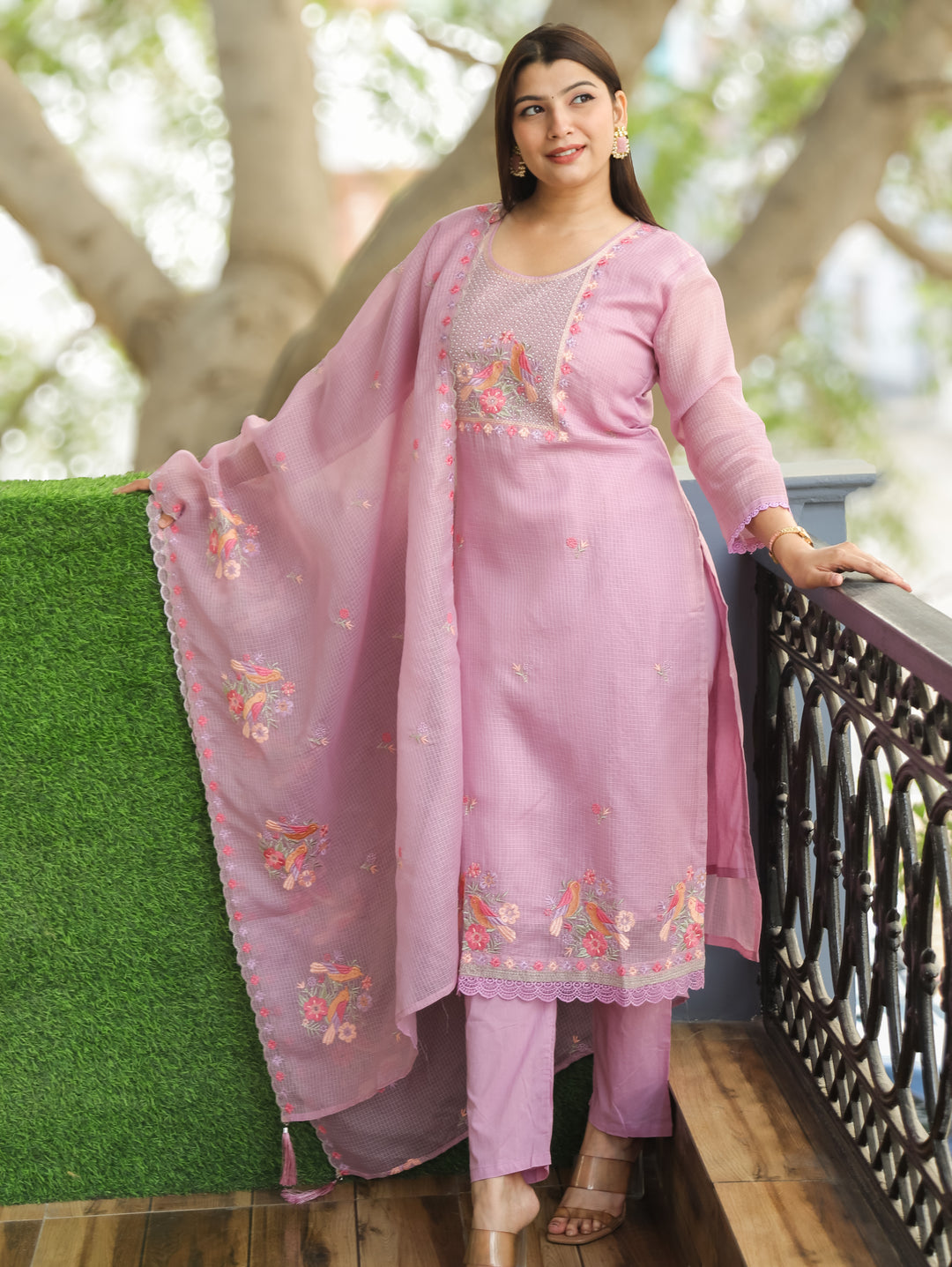 Barista Lavish Lilac Bird Embroidered Neck Work Kota Doriya Suit Set