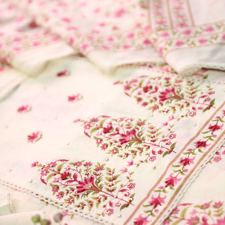 Aashna Cream Beige All Over Floral Printed Cotton Suit Set