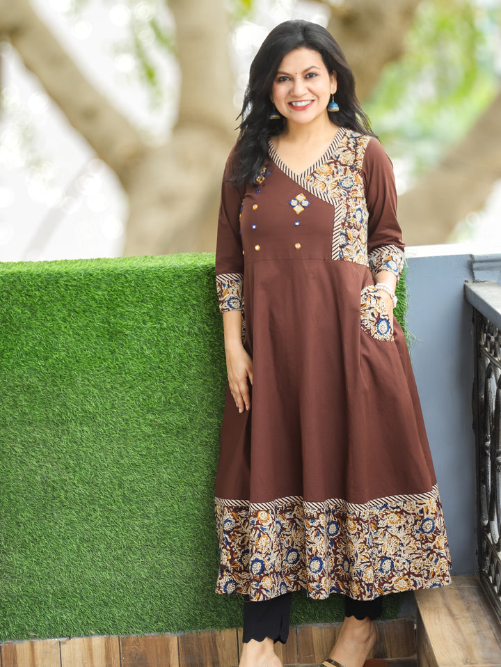 Sunaira Brown Mirror Angrakha with Kalamkari Hem Anarkali Cotton Kurti