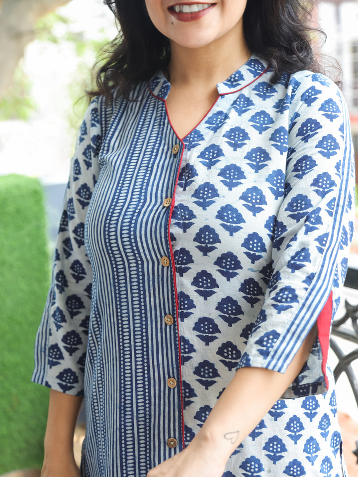 Manara Indie Blue Button Down Dabu Cotton Kurti
