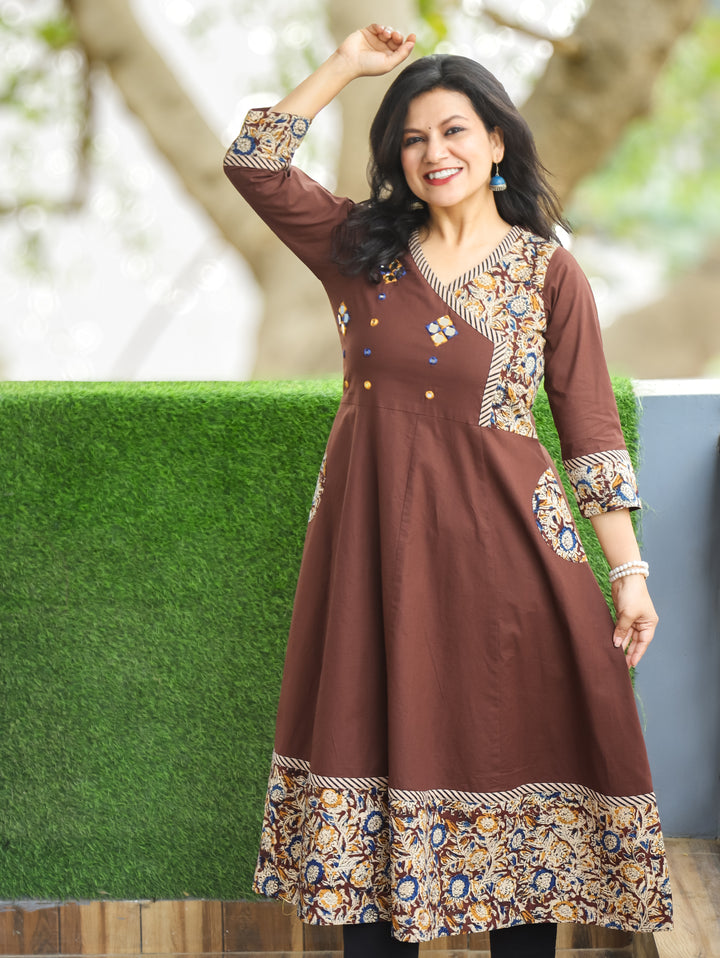Sunaira Brown Mirror Angrakha with Kalamkari Hem Anarkali Cotton Kurti