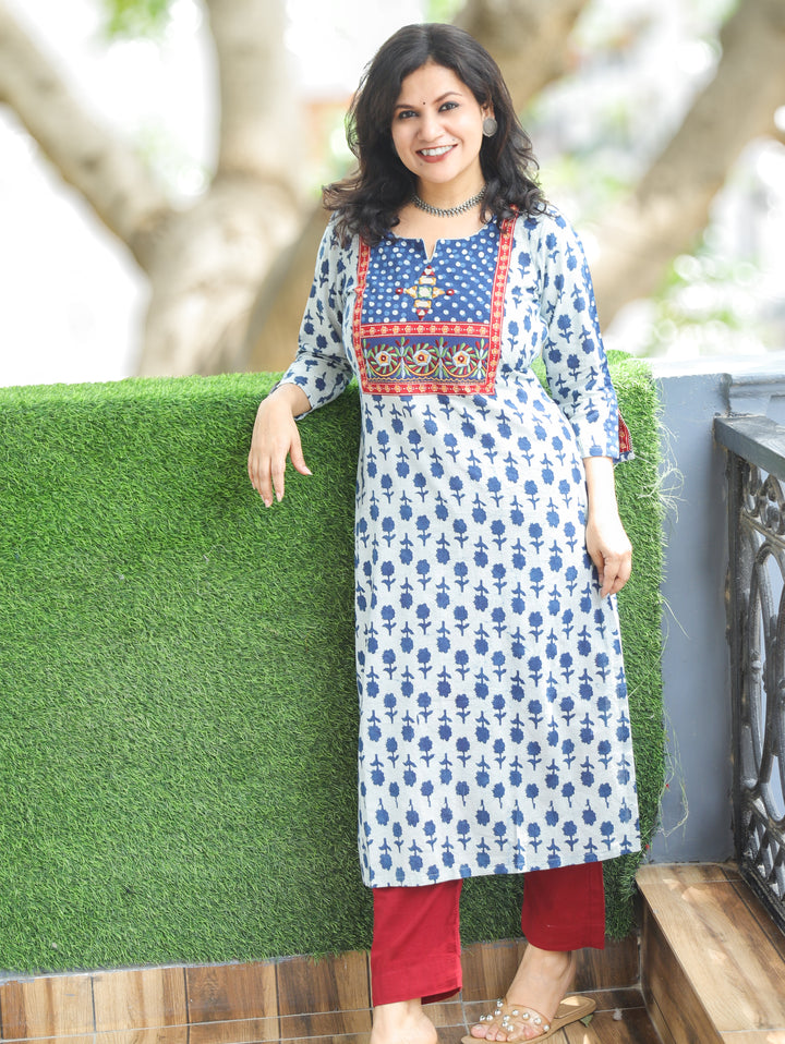 Gulneez Stone Blue Kutch Yoke Dabu Cotton Kurti