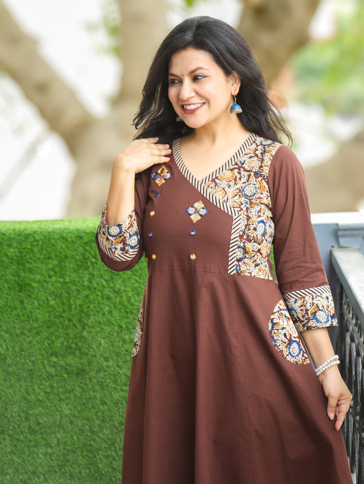 Sunaira Brown Mirror Angrakha with Kalamkari Hem Anarkali Cotton Kurti