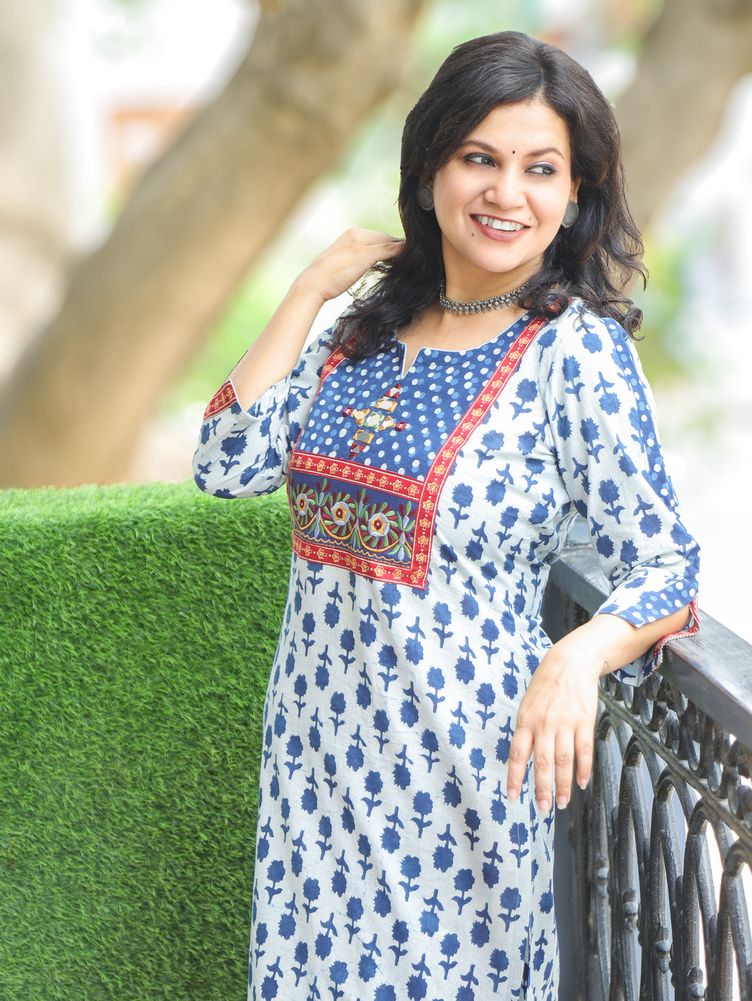 Gulneez Stone Blue Kutch Yoke Dabu Cotton Kurti
