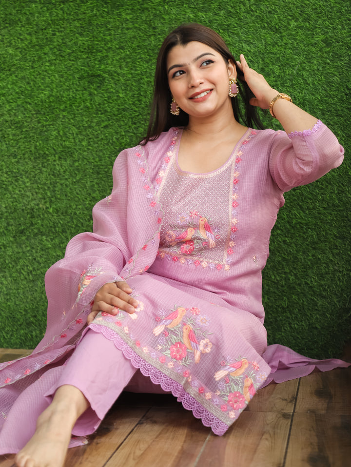 Barista Lavish Lilac Bird Embroidered Neck Work Kota Doriya Suit Set
