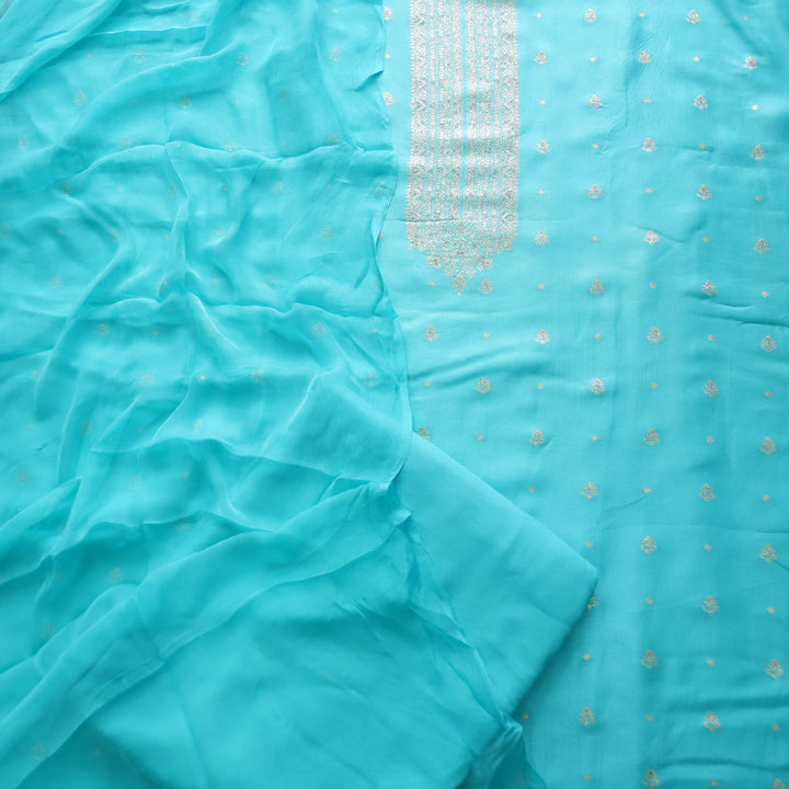 Bebaak Aqua Blue Zari Weaved Neck Dola Silk Suit Set