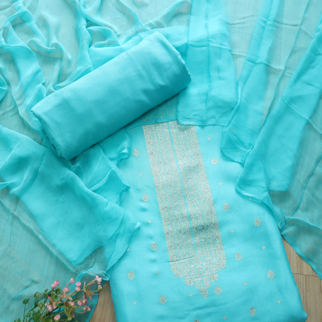 Bebaak Aqua Blue Zari Weaved Neck Dola Silk Suit Set