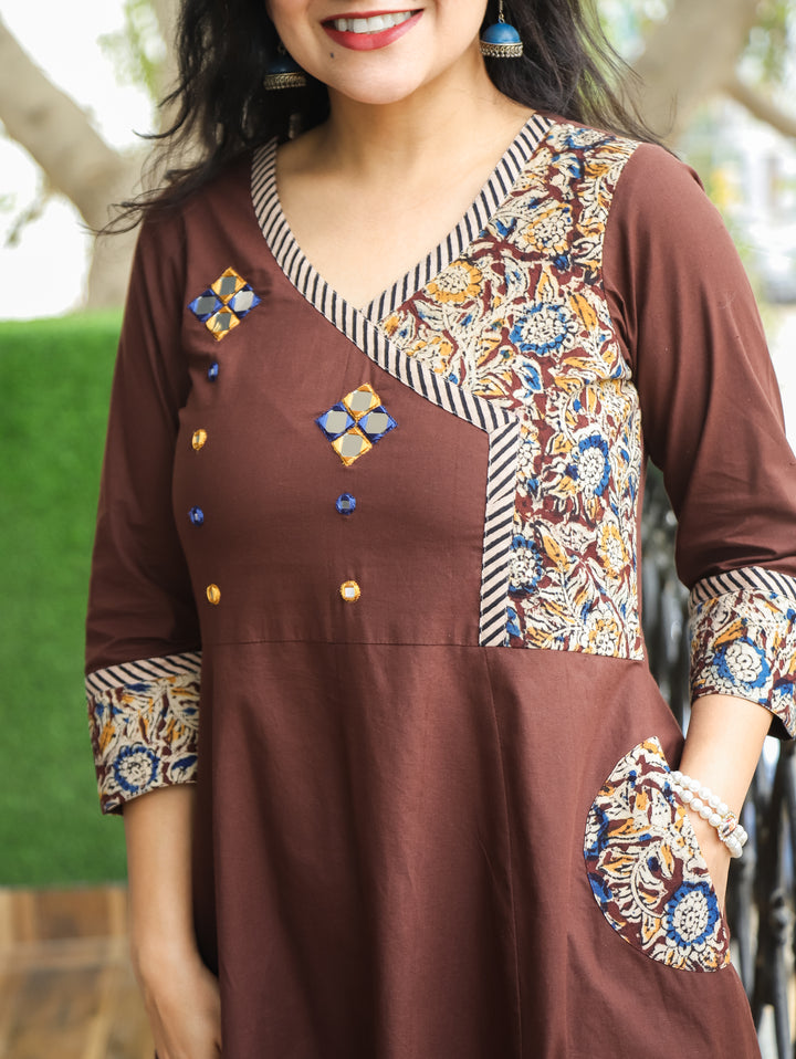 Sunaira Brown Mirror Angrakha with Kalamkari Hem Anarkali Cotton Kurti