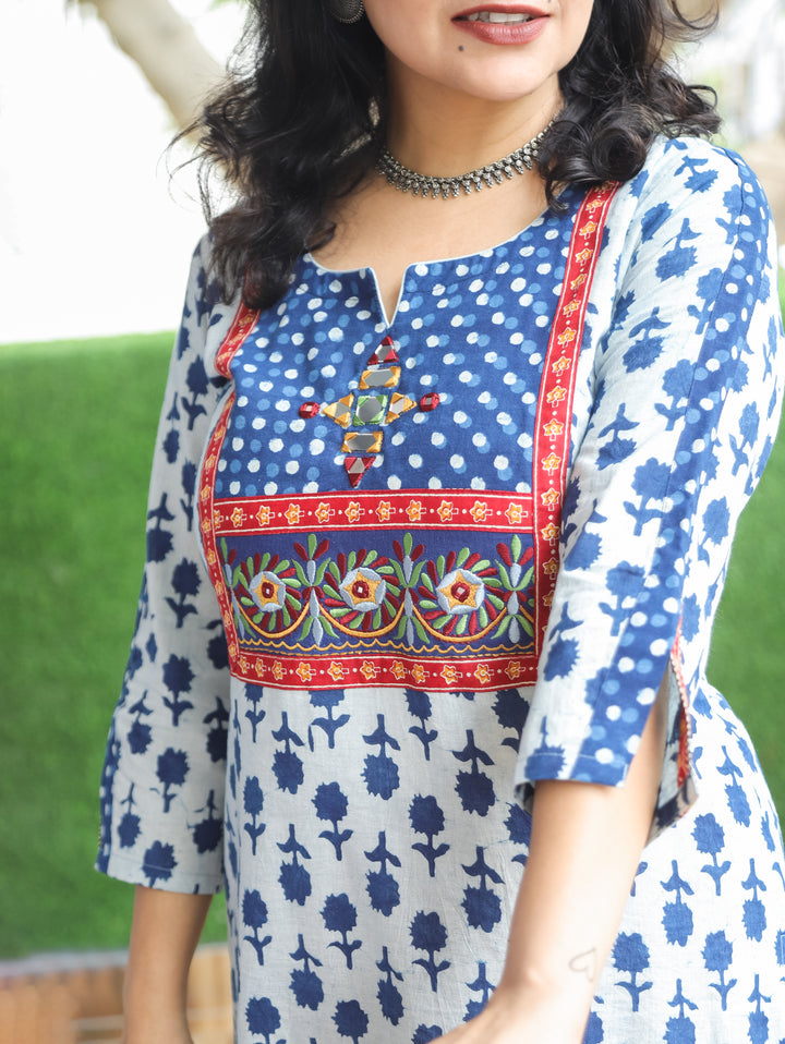 Gulneez Stone Blue Kutch Yoke Dabu Cotton Kurti