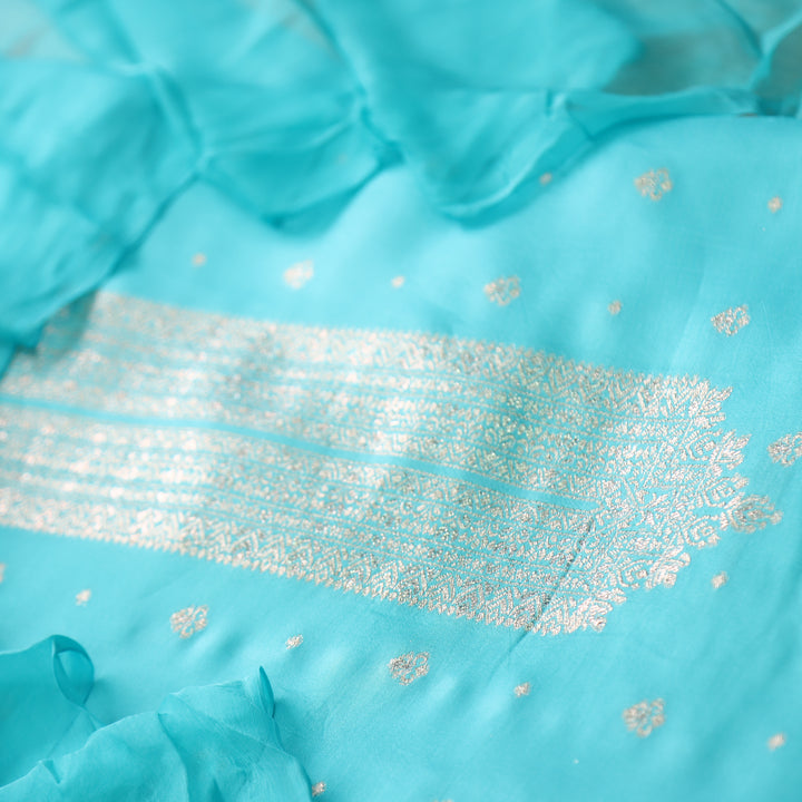 Bebaak Aqua Blue Zari Weaved Neck Dola Silk Suit Set