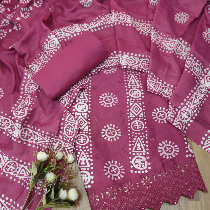 Kranti Blueberry Purple All Over Batik Printed with Lace Work Hem Cotton Suit Set