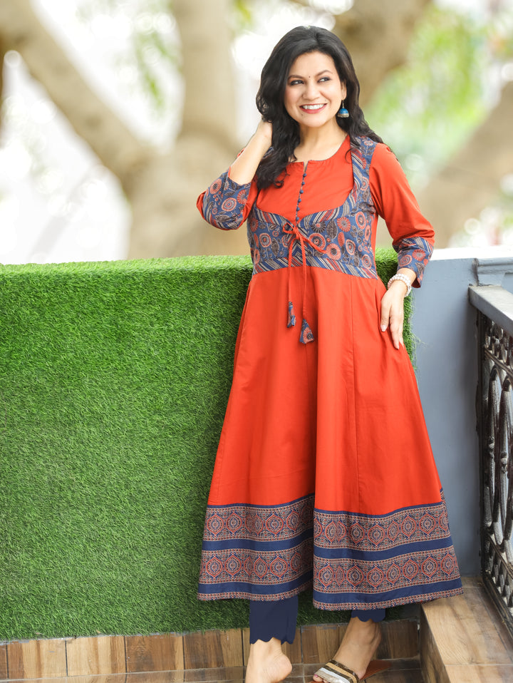 Raaha Burnt Rust Mughal Style Anarkali Cotton Kurti