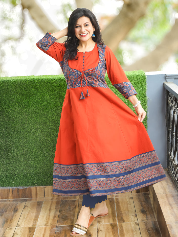 Raaha Burnt Rust Mughal Style Anarkali Cotton Kurti