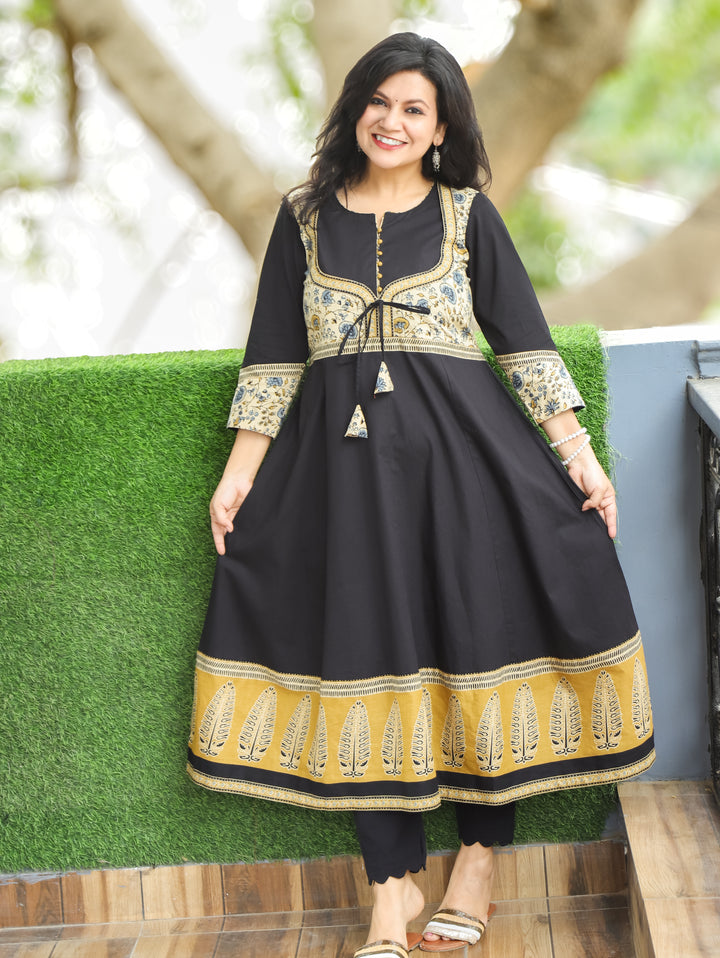 Raaha Ebony Black Mughal Style Anarkali Cotton Kurti