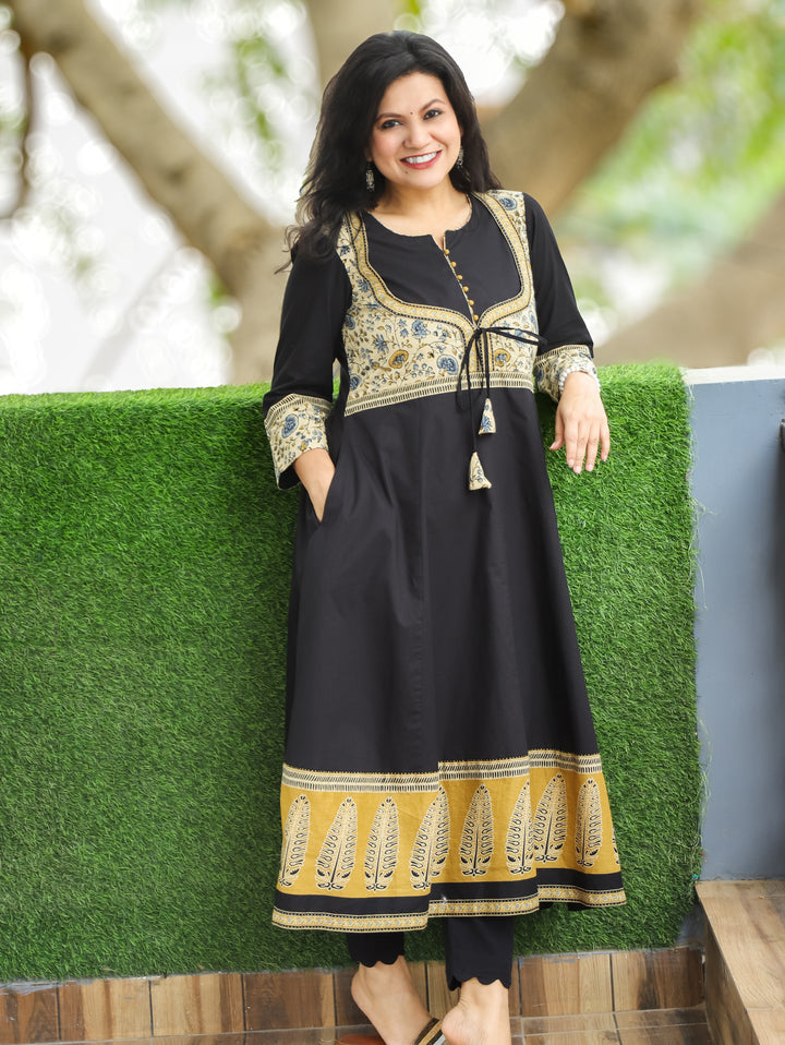 Raaha Ebony Black Mughal Style Anarkali Cotton Kurti