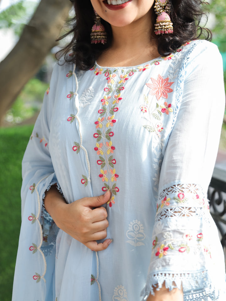 Preet Iced Blue Embroidered Mul Cotton Set