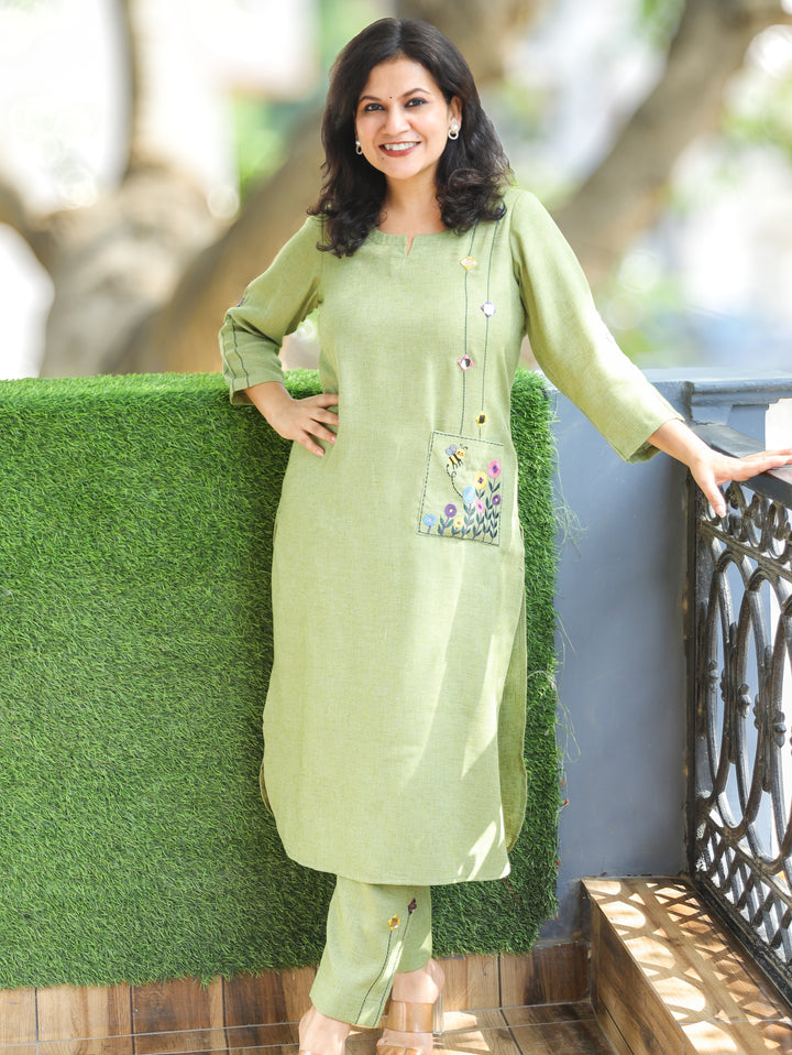Jasmin Olive Green Embroidered Jute 2 Piece Set