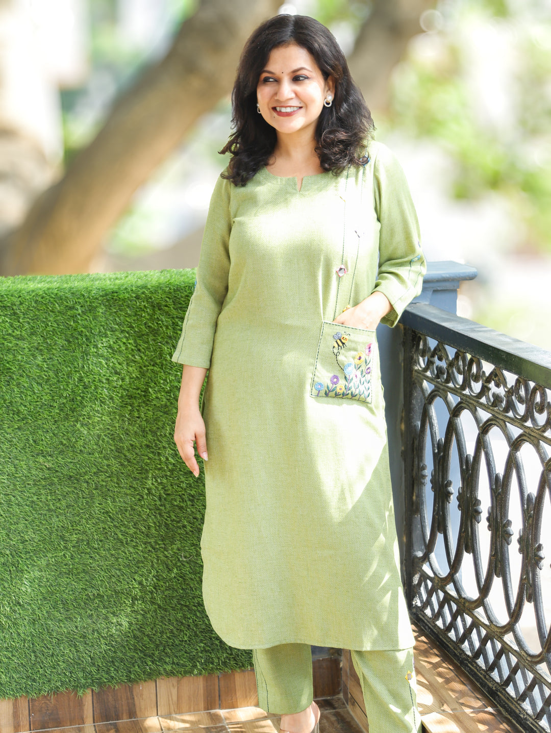 Jasmin Olive Green Embroidered Jute 2 Piece Set