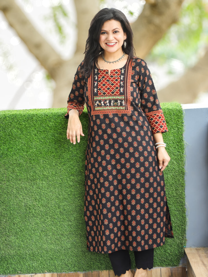 Nora Black Warli Embroidered Ajrak Cotton Kurti