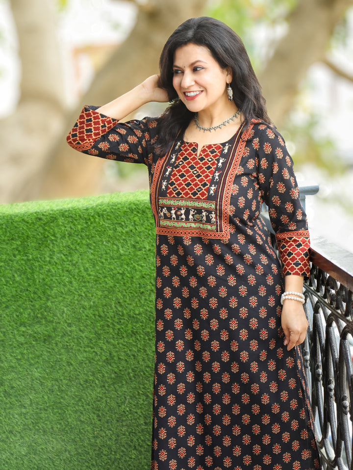 Nora Black Warli Embroidered Ajrak Cotton Kurti