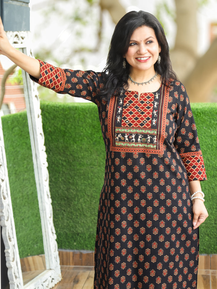 Nora Black Warli Embroidered Ajrak Cotton Kurti