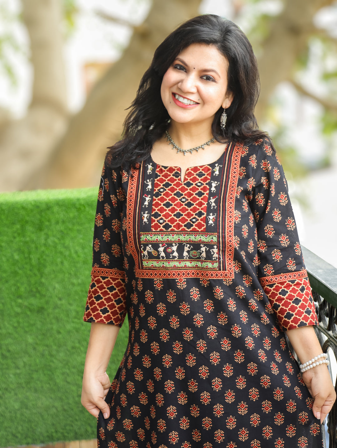 Nora Black Warli Embroidered Ajrak Cotton Kurti