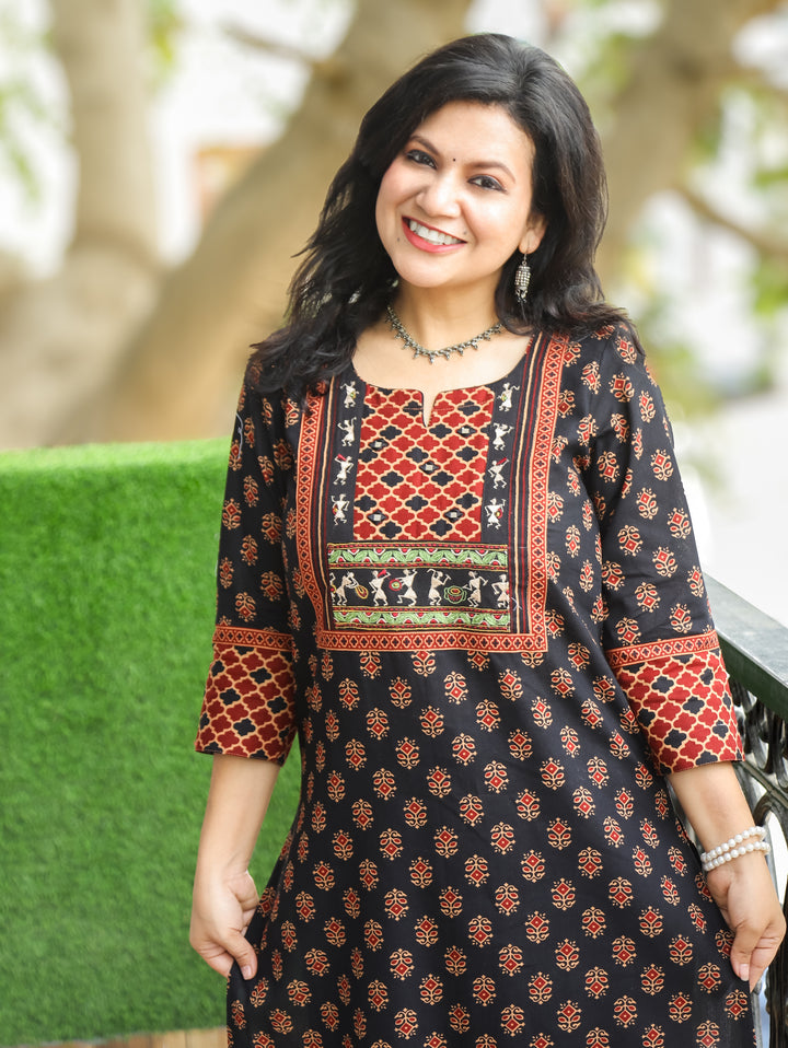 Nora Black Warli Embroidered Ajrak Cotton Kurti