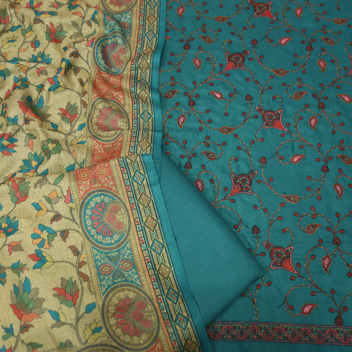 सरस्वती Teal Turquoise with Elegant Floral Embroidery Work Semi Pashmina winter Set