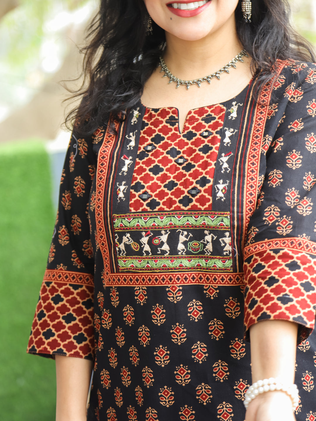 Nora Black Warli Embroidered Ajrak Cotton Kurti
