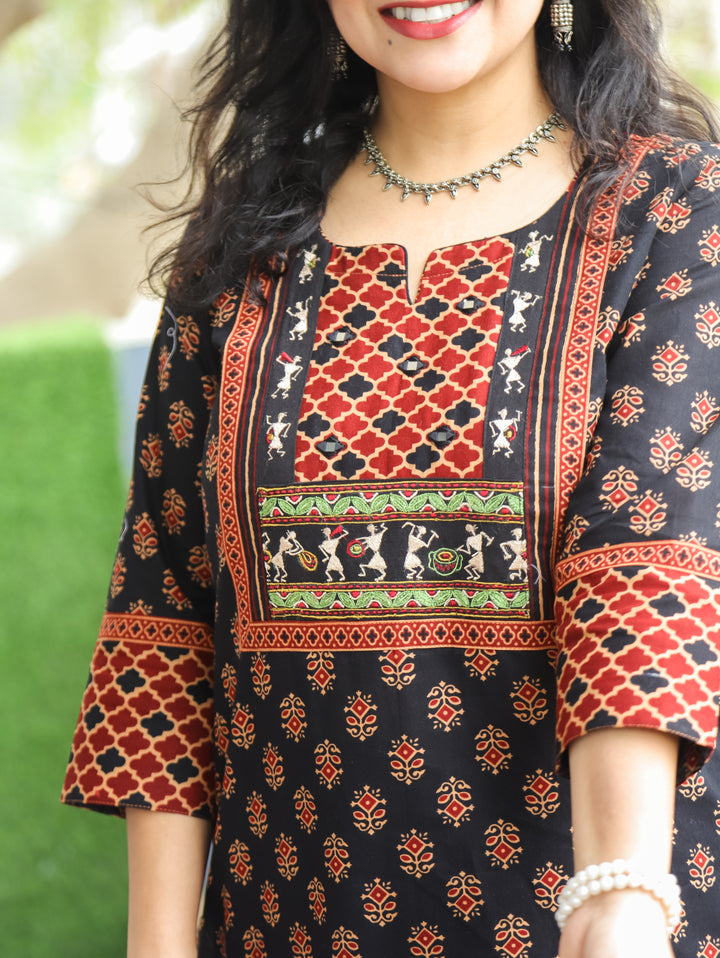 Nora Black Warli Embroidered Ajrak Cotton Kurti