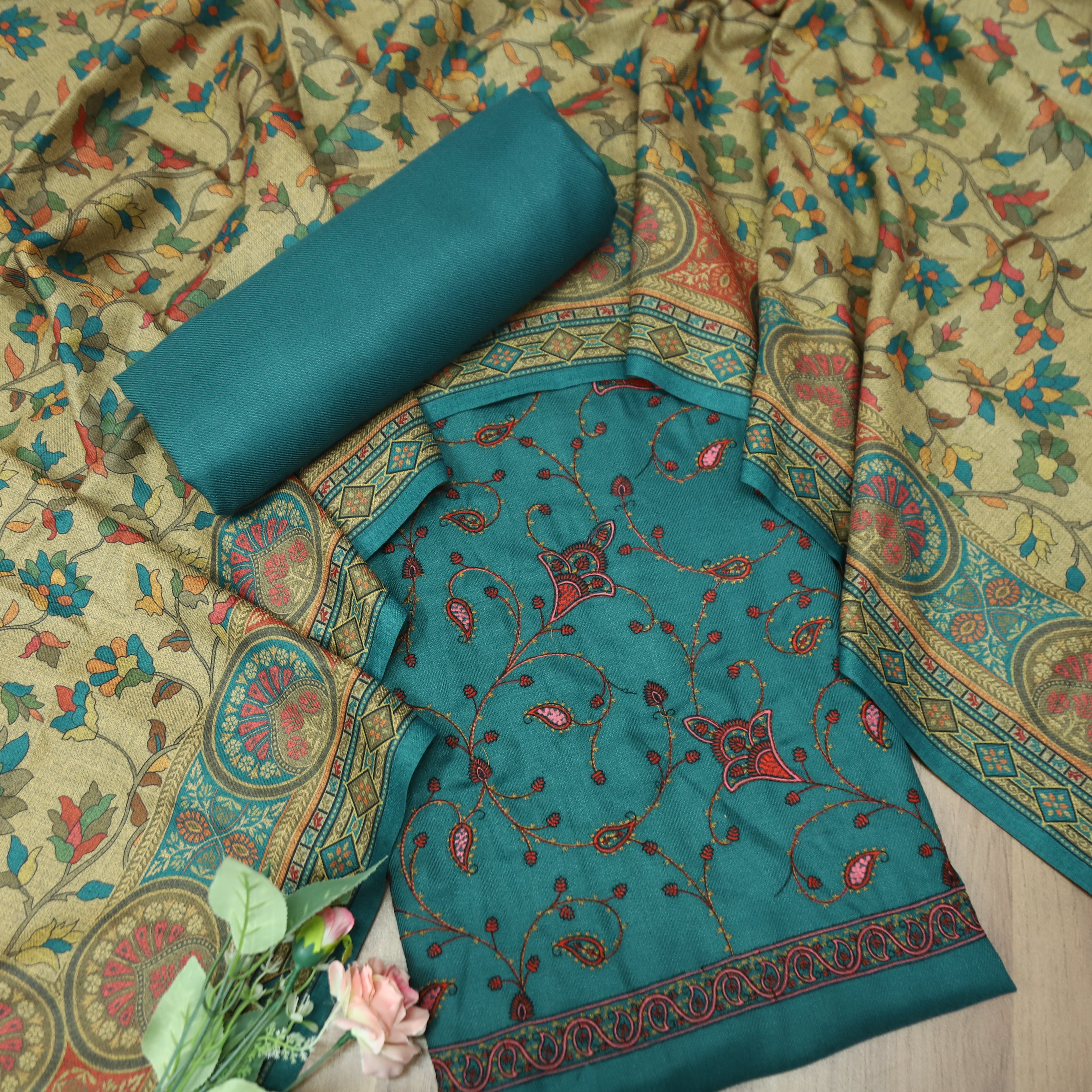 सरस्वती Teal Turquoise with Elegant Floral Embroidery Work Semi Pashmi ...