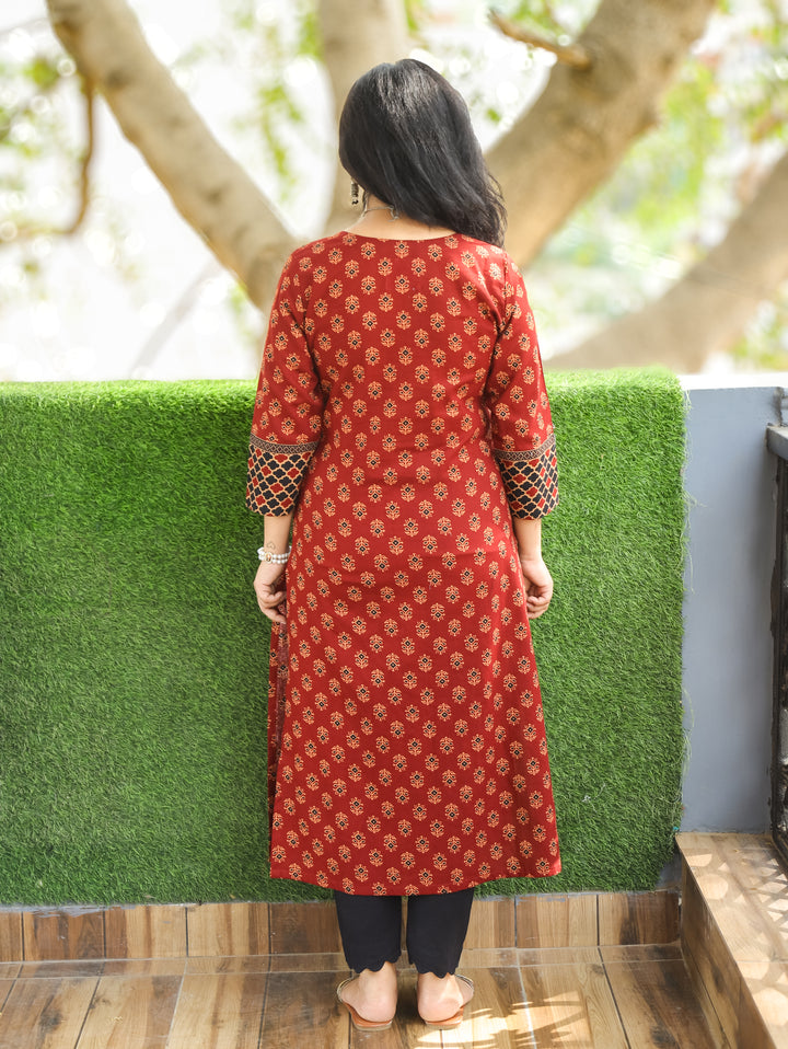 Nora Maroon Warli Embroidered Ajrak Cotton Kurti
