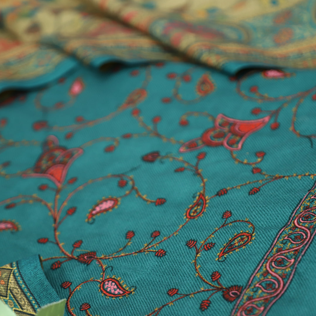 सरस्वती Teal Turquoise with Elegant Floral Embroidery Work Semi Pashmina winter Set