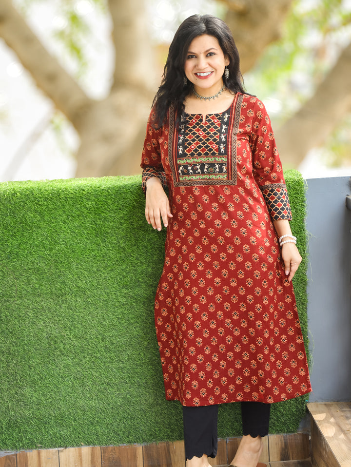 Nora Maroon Warli Embroidered Ajrak Cotton Kurti