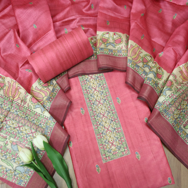 Rajwahini Coral Blush Madhubai Print Neck and Hemline Art Silk Tussar Set