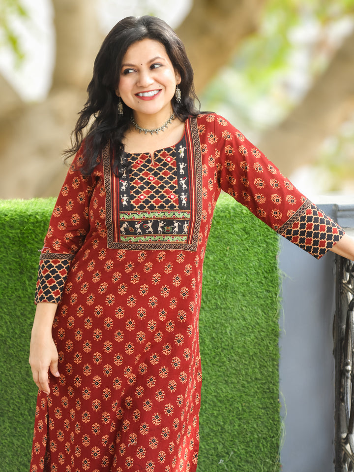 Nora Maroon Warli Embroidered Ajrak Cotton Kurti