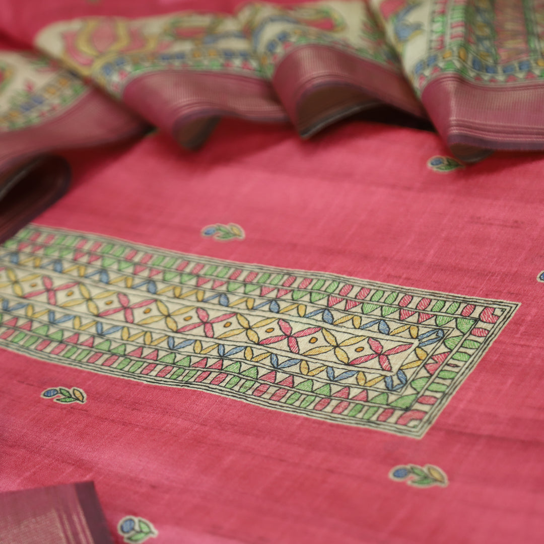 Rajwahini Coral Blush Madhubai Print Neck and Hemline Art Silk Tussar Set