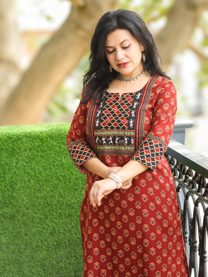 Nora Maroon Warli Embroidered Ajrak Cotton Kurti