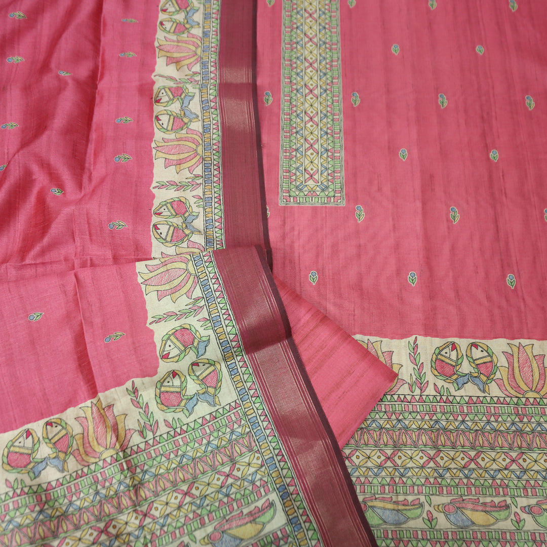 Rajwahini Coral Blush Madhubai Print Neck and Hemline Art Silk Tussar Set