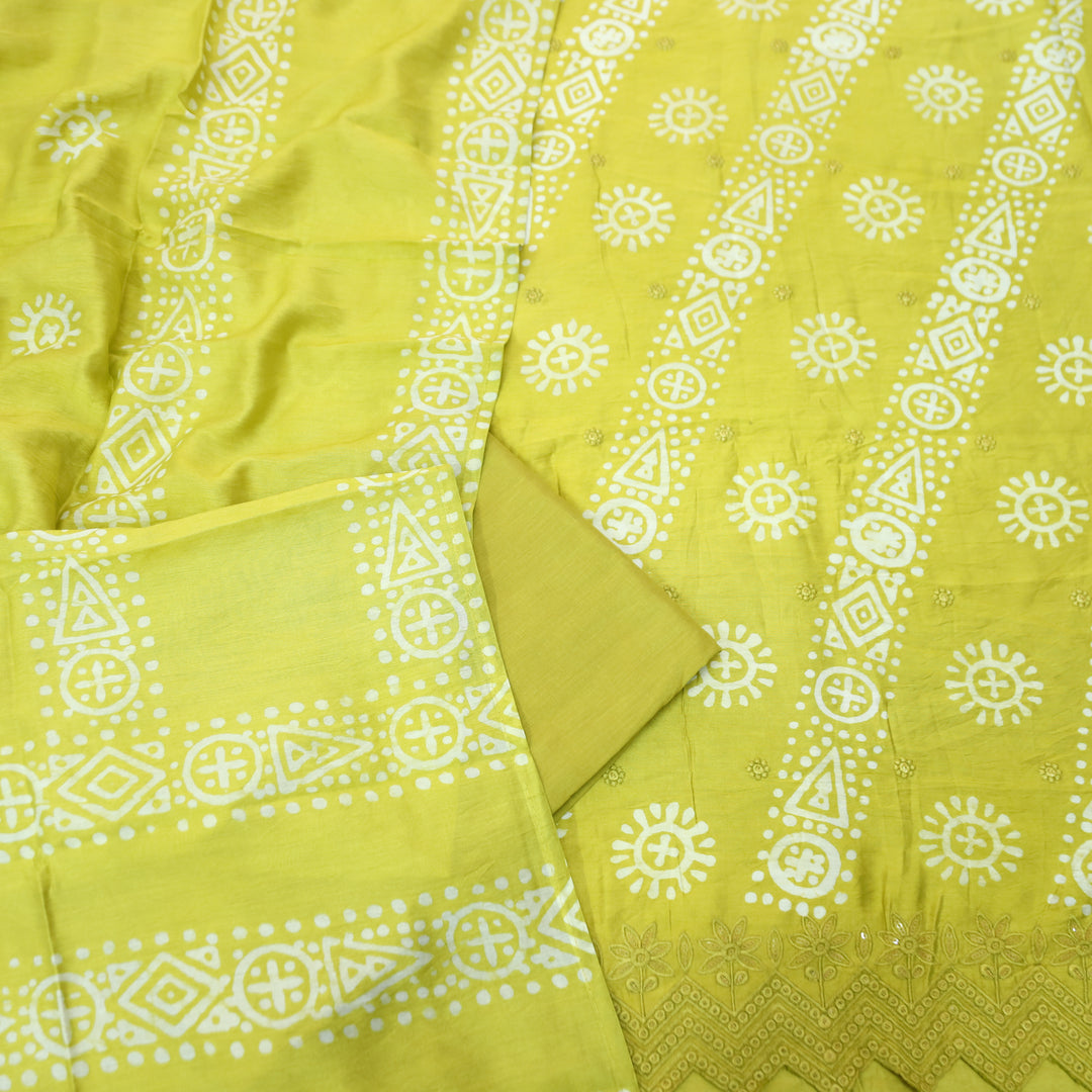 Kranti Lemon Yellow All Over Batik Printed with Lace Work Hem Cotton Suit Set