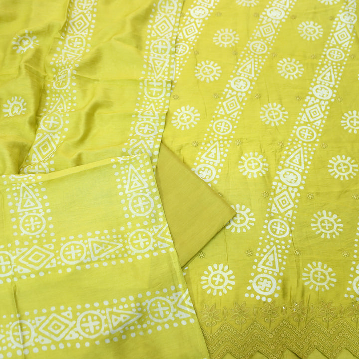 Kranti Lemon Yellow All Over Batik Printed with Lace Work Hem Cotton Suit Set