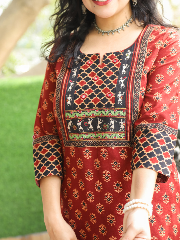 Nora Maroon Warli Embroidered Ajrak Cotton Kurti